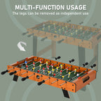 Wood foosball table with removable legs shown, green playing field and player figures
