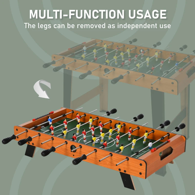 Wood foosball table with removable legs shown, green playing field and player figures