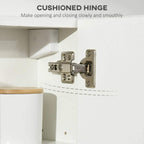 Silver soft-close hinge hardware on a white bathroom cabinet door