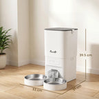 White 7L automatic cat feeder with front control panel and two stainless feeding bowls