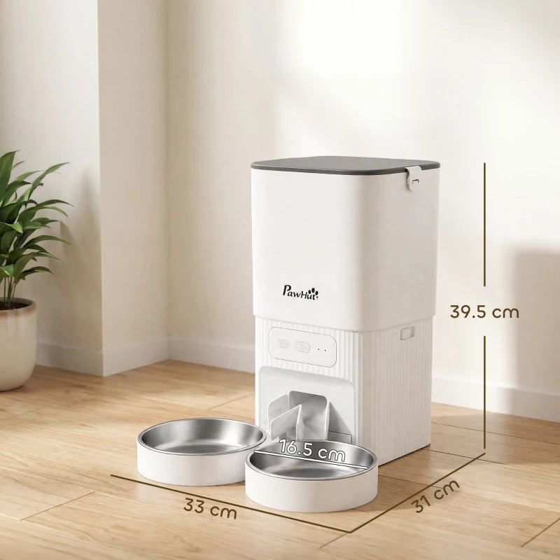 White 7L automatic cat feeder with front control panel and two stainless feeding bowls