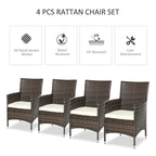 Deep coffee rattan patio chair set of 4 with white seat cushions and armrests