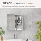 Bathroom mirror cabinet with door open to reveal shelves for toiletries