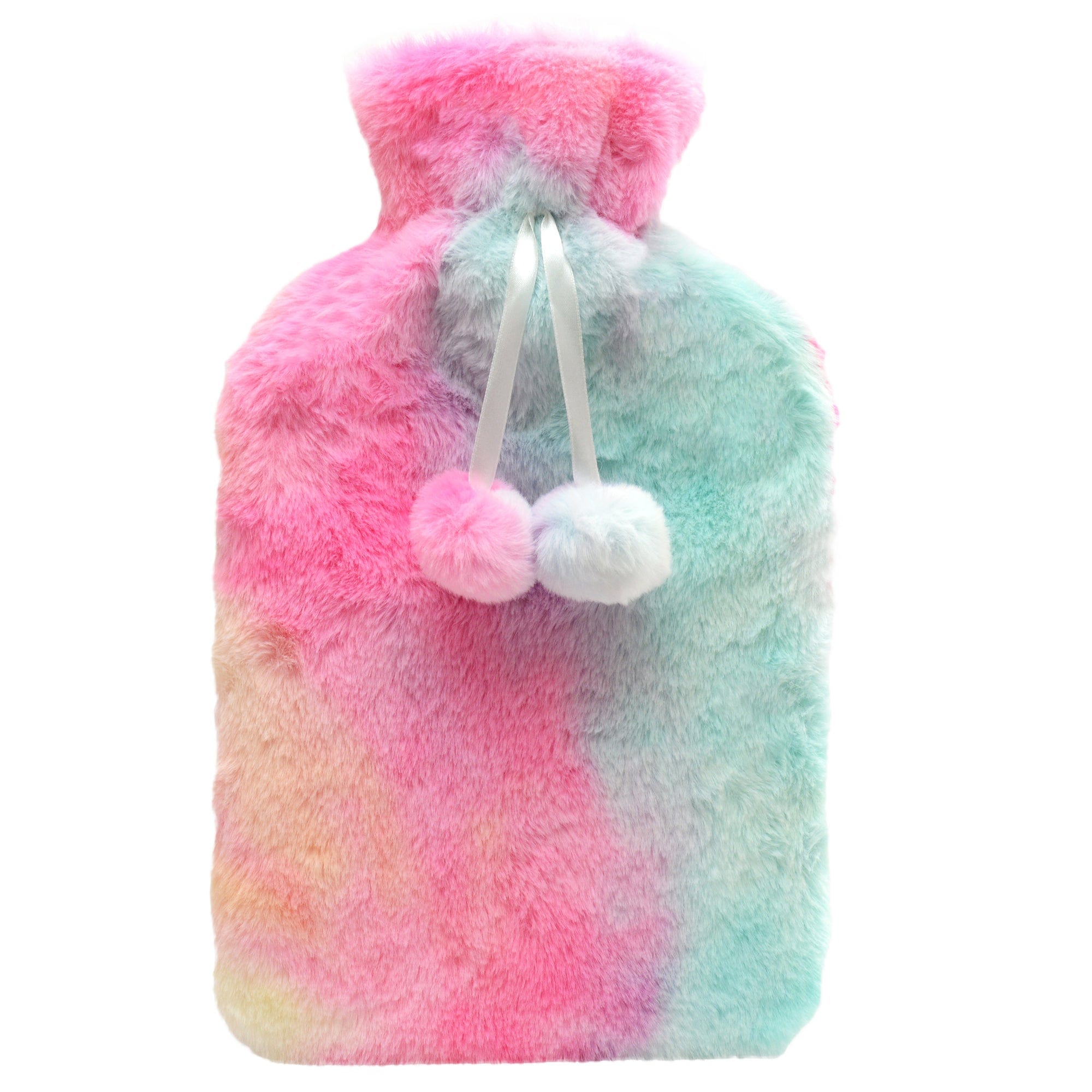 Rainbow Tie Dye Faux Fur Hot Water Bottle with Pom Poms 2L Plush Teddy Fleece Cover for Warmth Natural Rubber UK Safe Tested Ideal Gift for Adults Kids
