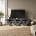 Modern TV stand console with open shelves in dark anthracite, angled cross-brace design
