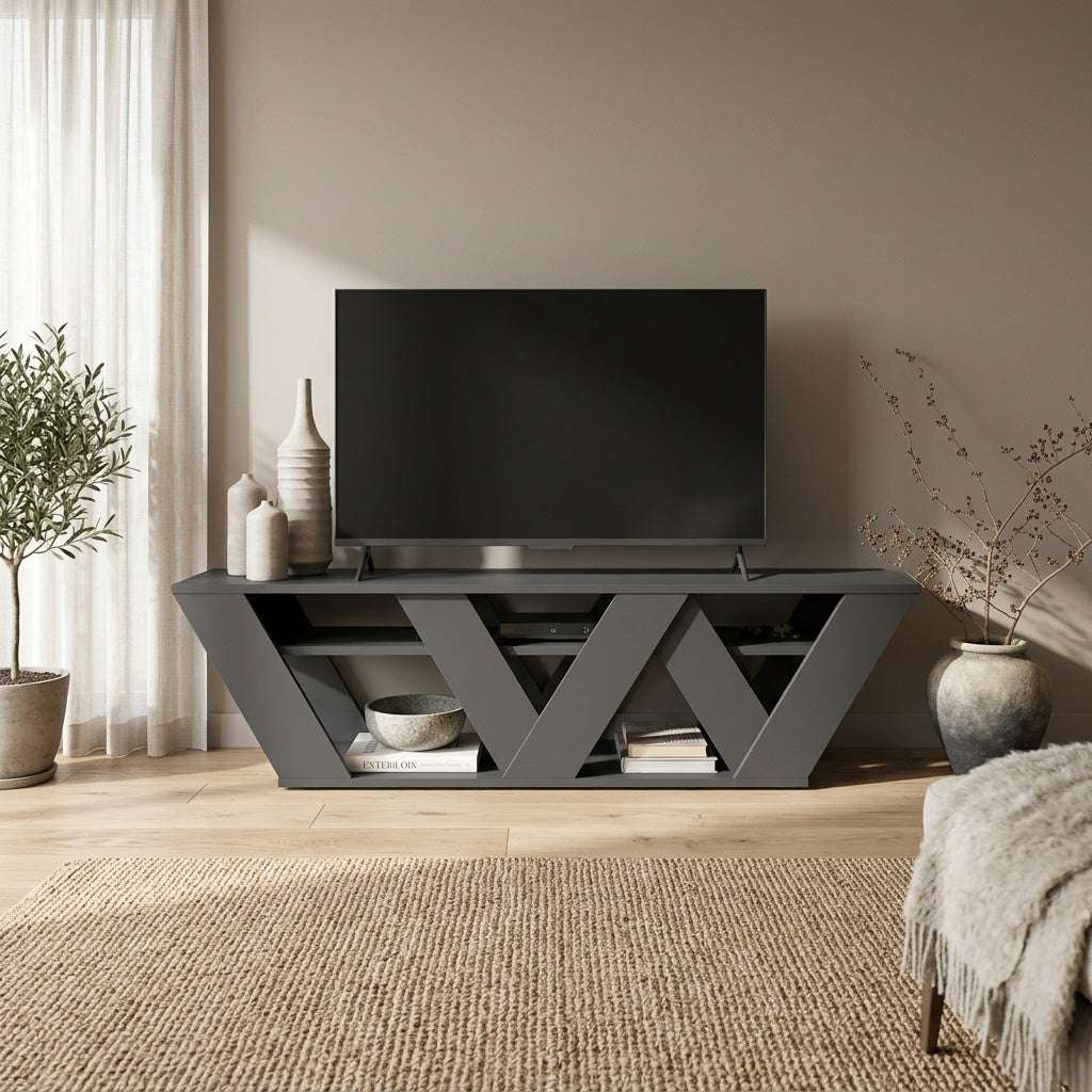 Modern TV stand console with open shelves in dark anthracite, angled cross-brace design