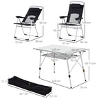 Three-piece camping set: two folding armchairs and a folding table, with size diagram