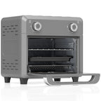 Grey mini air fryer oven with open door, visible interior racks and heating element