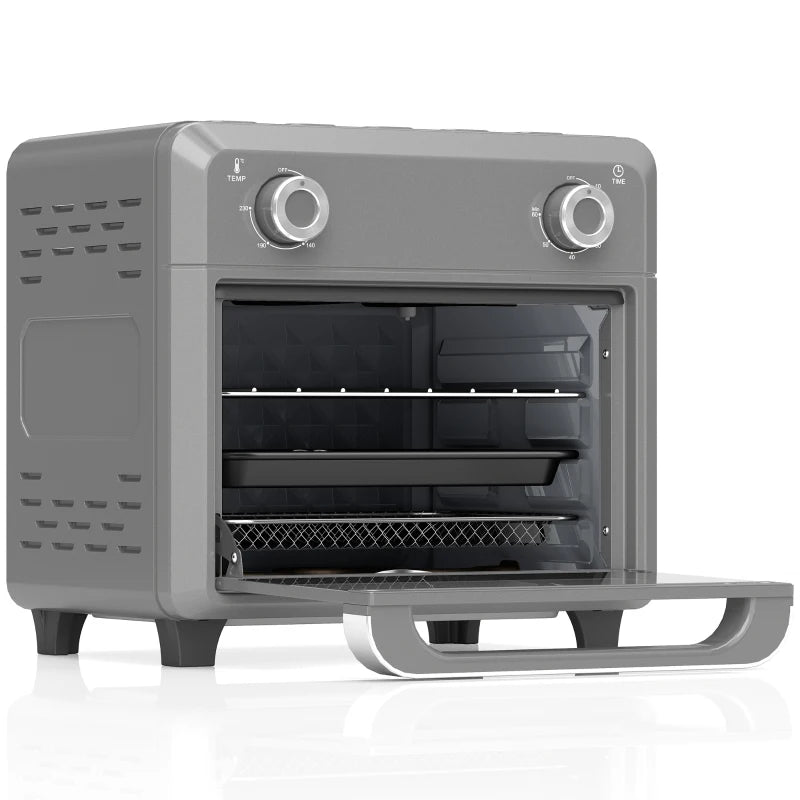 Grey mini air fryer oven with open door, visible interior racks and heating element
