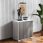 Grey sideboard cabinet with wood-grain fronts, 2 doors, and 2 drawers