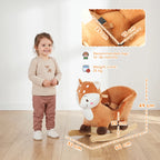 Brown plush deer ride-on rocking horse with safety belt and wooden base runners
