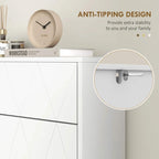 White shoe cabinet corner close-up with anti-tipping wall bracket and hardware