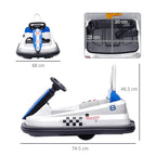 White and blue electric bumper car with steering controls and fitted seat shown