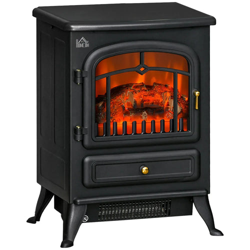 Black freestanding electric fireplace stove with glass viewing window and flame effect