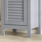 Grey cabinet base with legs and louvered lower door panel close-up.