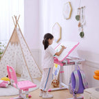 Pink kids desk and chair set with tilted tabletop for writing and drawer storage