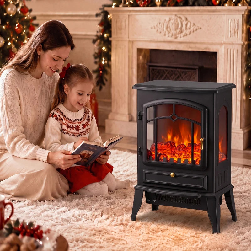 Black electric fireplace stove with arched door glass and realistic flame effect
