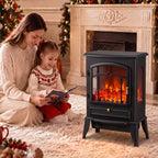 Black electric fireplace stove with arched door glass and realistic flame effect