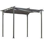 Grey retractable metal pergola canopy with four vertical posts and open sides