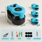 Blue cat toy track controller with size dimensions and included wire accessories