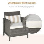 Light grey rattan armchair with thick white seat cushion and striped back pillow
