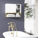White over-toilet storage cabinet with door open, showing shelves for towels and bottles