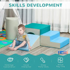 Toddler playing on a multicolor foam play set with teal and light blue steps