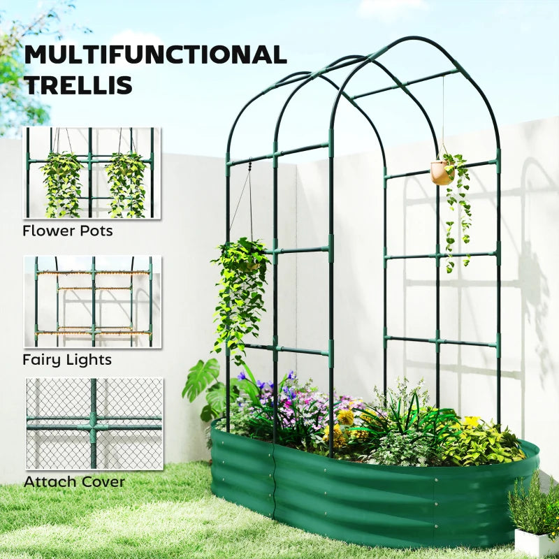 Green raised garden bed with arched trellis and climbing plants along the frame