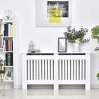 White radiator cover cabinet with two-panel slatted grille and sturdy side legs
