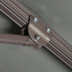 Metal canopy support joint with bolts on dark grey cantilever umbrella frame