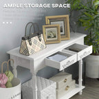White console table with two drawers and an open lower shelf for storage