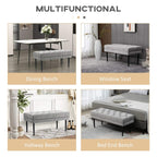Grey upholstered bench shown for dining, window seat, hallway, and bed end use