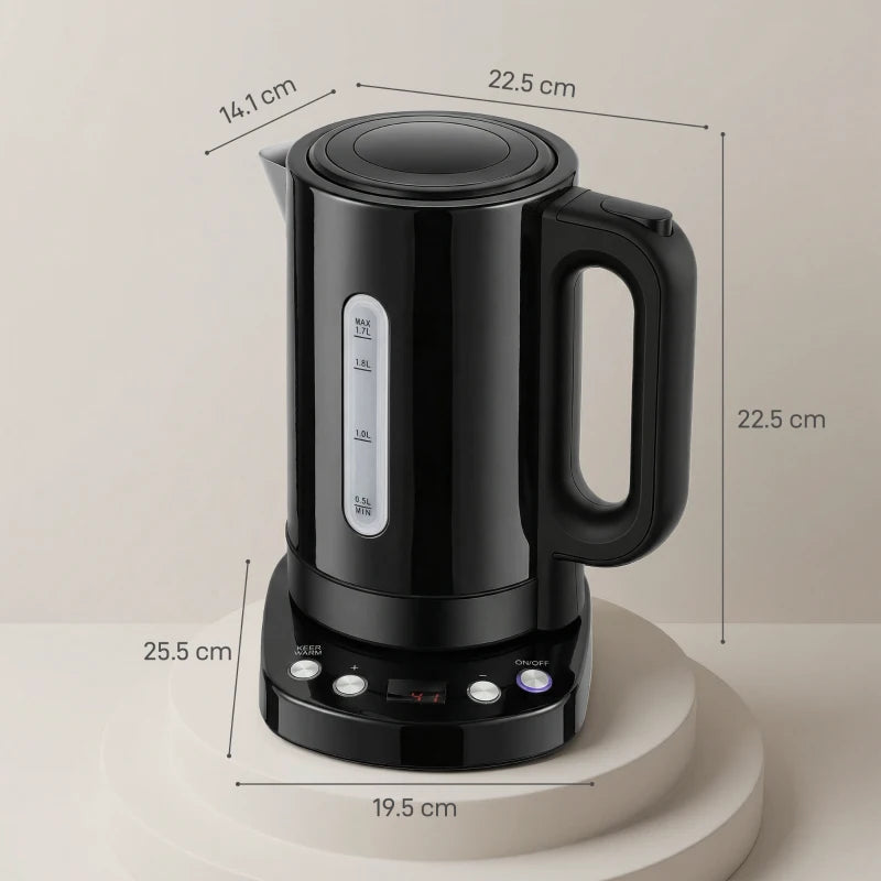 Black electric kettle with clear water gauge and side handle, shown with dimensions