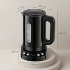 Black electric kettle with clear water gauge and side handle, shown with dimensions