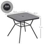 Black square outdoor table with faux-marble top and 42mm umbrella hole; 80 cm width.