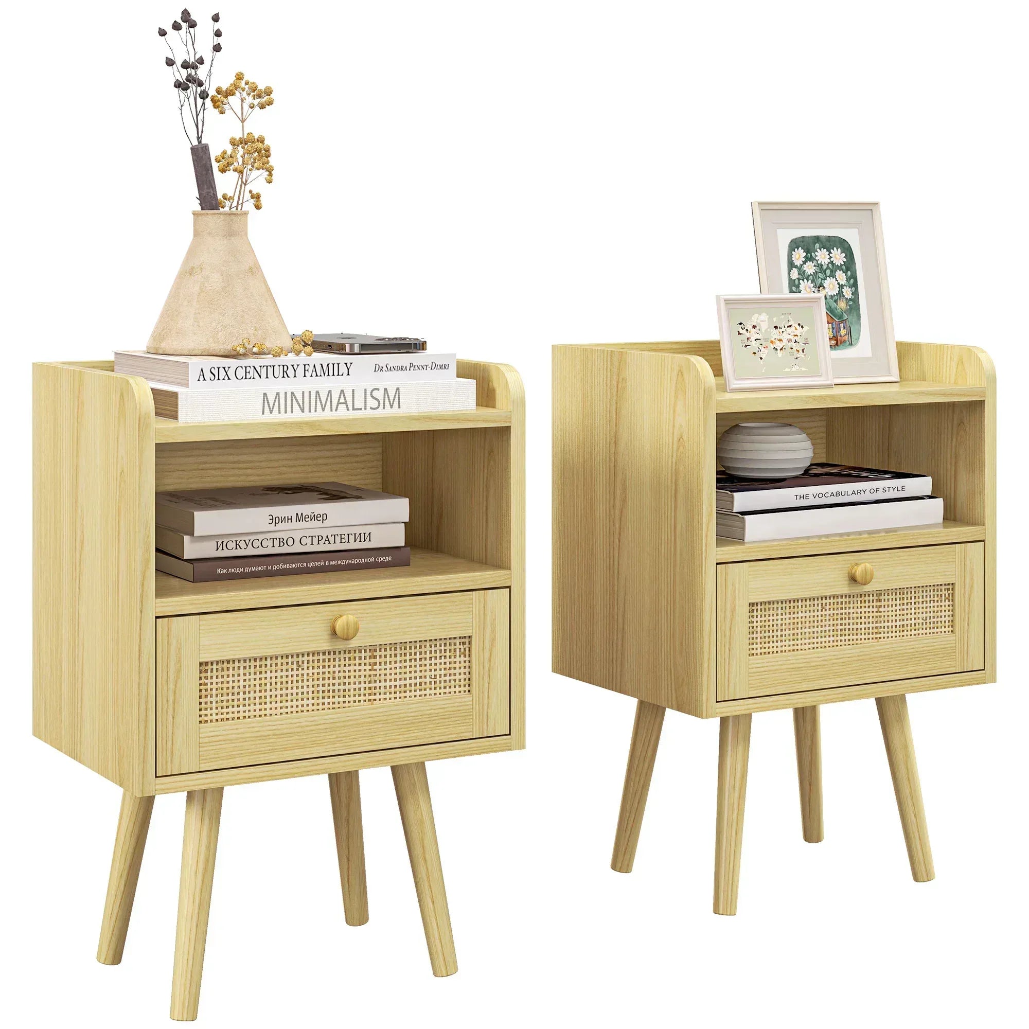 Set of Two Rattan Weave Bedside Tables - Wood Effect - Bobobiy