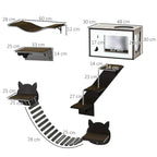 Brown 5-piece wall cat tree with curved ramp, platform ledges, and size measurements