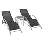 Curved sun lounger set with two dark mesh chairs and silver frames