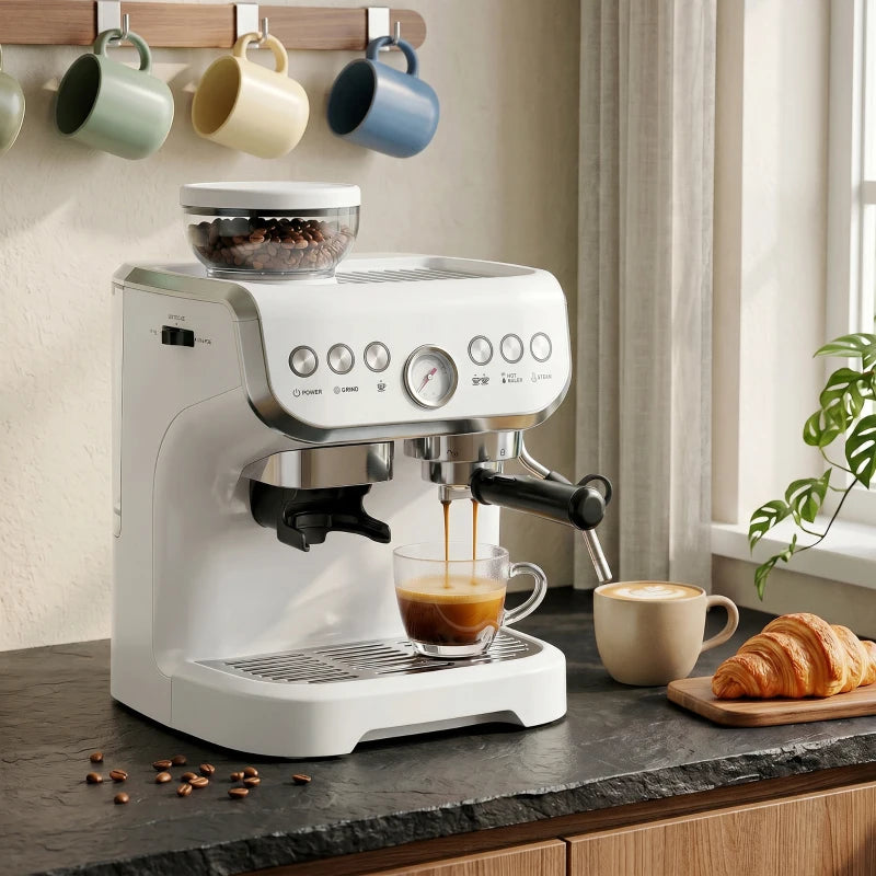White espresso coffee machine on countertop with drip tray and cup