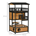 Three-tier wooden cat house with black frame, circular entrances, and lower tray base