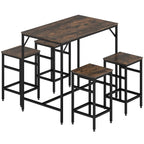 Rustic brown bar-height table with four matching stools, compact 5-piece set