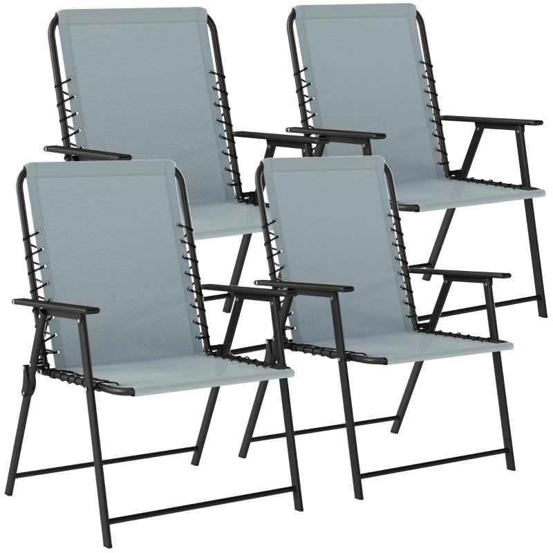 Set of 4 folding garden chairs, light grey high backs with armrests, black frames