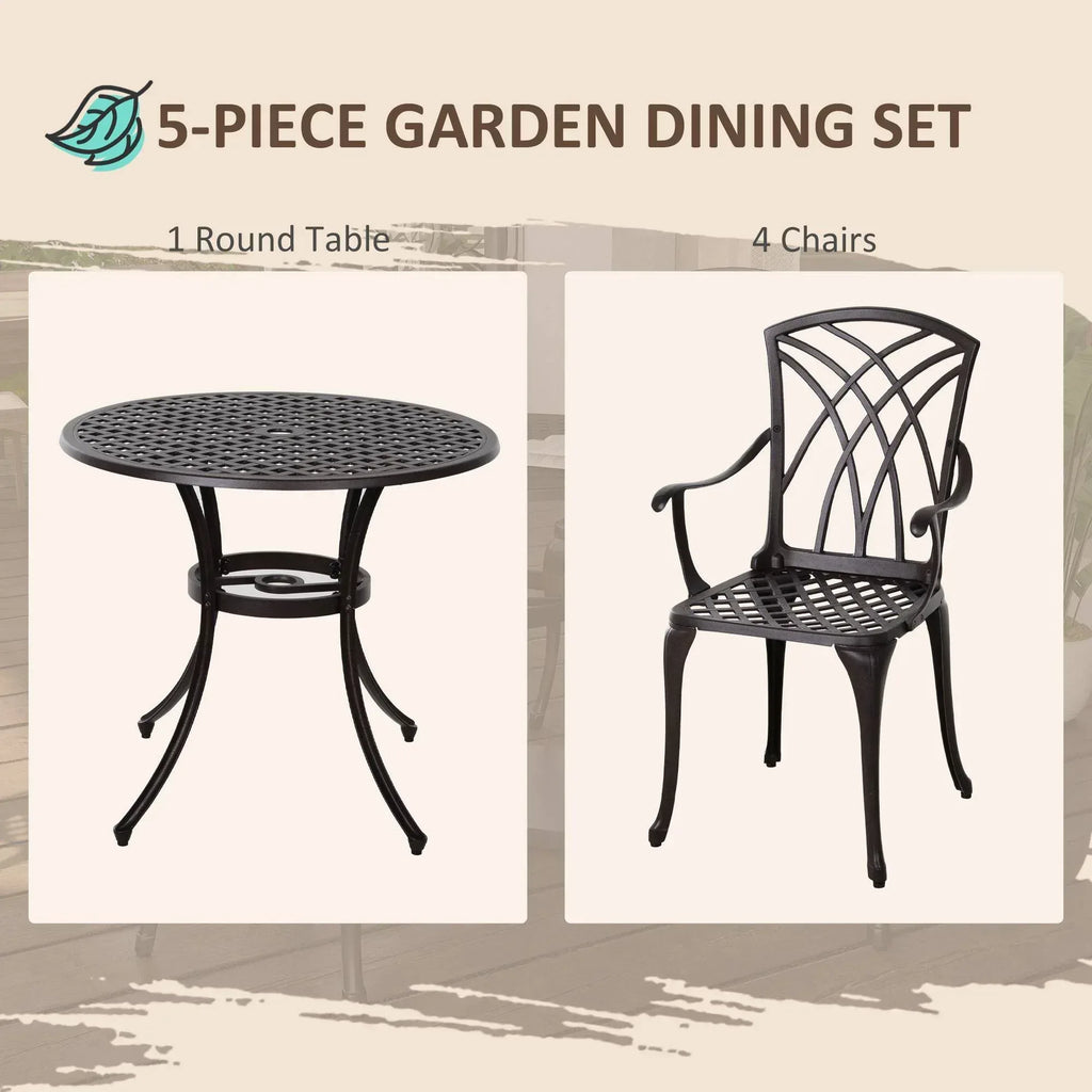 5 Pieces Garden Dining Set for 4, Cast Aluminium Outdoor Dining Set with 4 Armchairs and Round Dining Table with Parasol Hole, Garden Furniture Set, Brown - Bobobiy