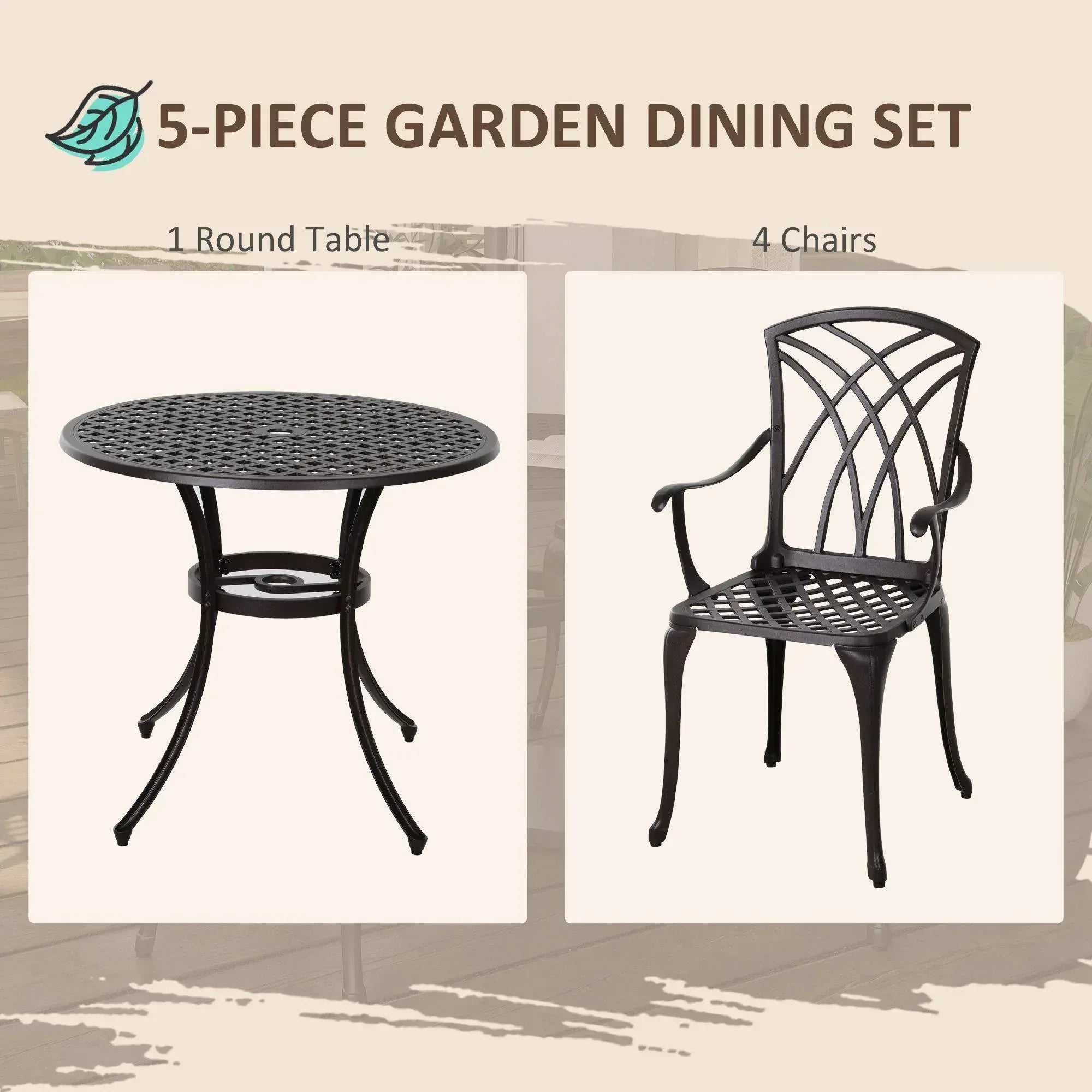 5 Pieces Garden Dining Set for 4, Cast Aluminium Outdoor Dining Set with 4 Armchairs and Round Dining Table with Parasol Hole, Garden Furniture Set, Brown - Bobobiy