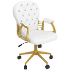 Cream white tufted office chair with padded armrests, gold base, and caster wheels