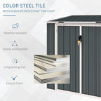 Grey steel storage shed with weather-resistant top coating and side panel view