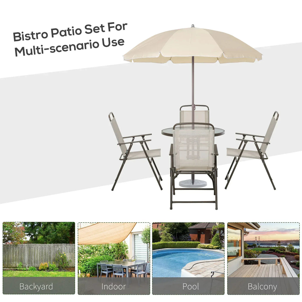 Garden Patio Texteline Folding Chairs Plus Table and Parasol Furniture Bistro Set 6 Pieces - Coffee/Cream - Bobobiy