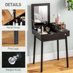 Black vanity desk with flip-up mirror; metal hinge, pine legs, and drawer knob detail