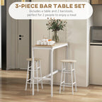 3-piece bar table set with two light oak-tone stools against a white cabinet backdrop.