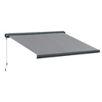 Grey retractable awning canopy with support arms and hanging pull cord